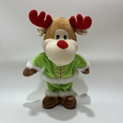 Christmas Musical Swinging Reindeer Plush Toy Head Shaking Wobbling Mechanism Green Elf Outfit Red-Nosed Reindeer